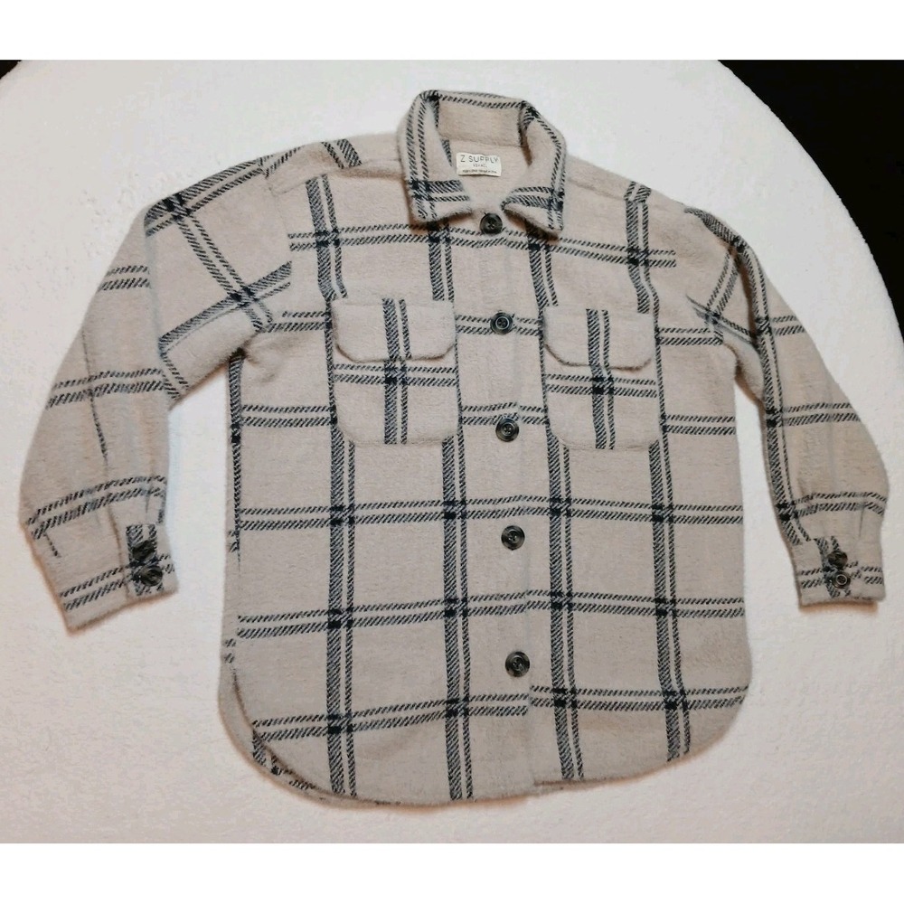 Z Supply Plaid Tucker Jacket Crystal Grey Sweater Knit Shacket Womens XS Stain